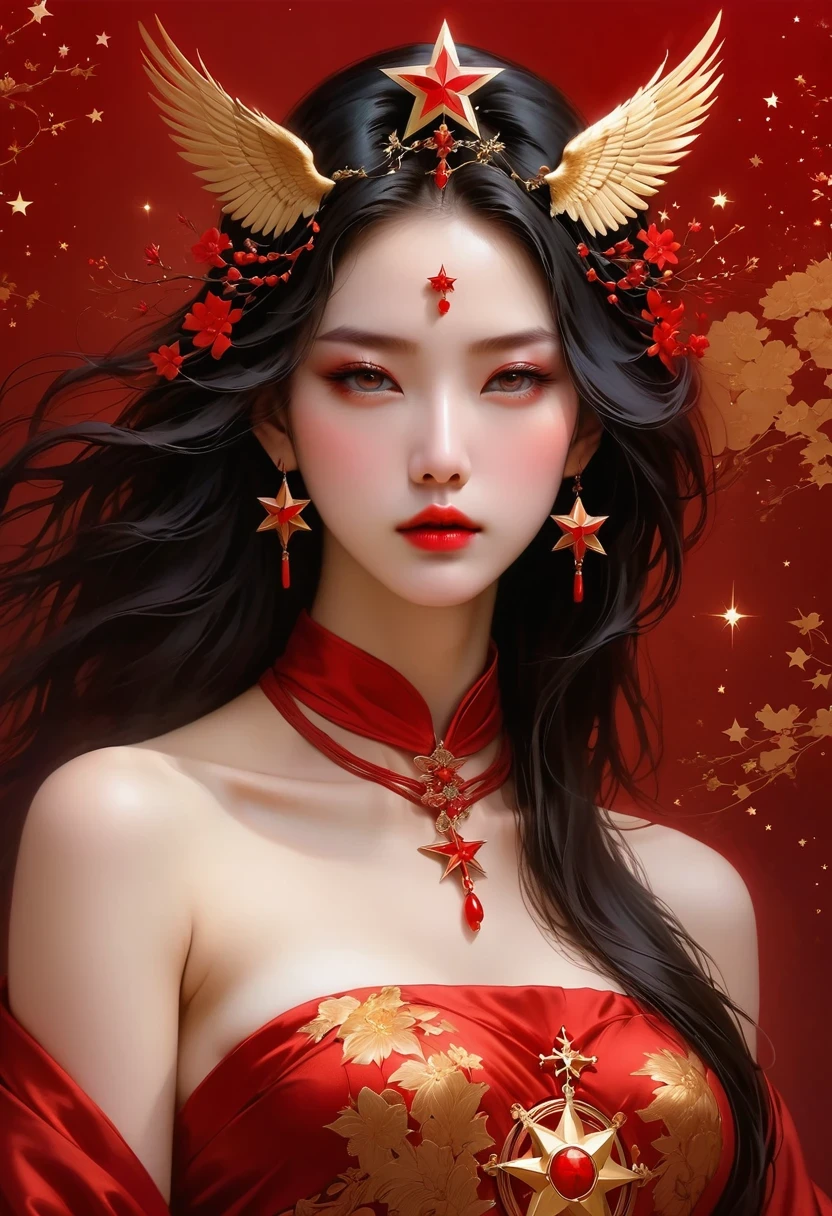 One in black、Woman wearing fake scars and stars, jay anacleto style, light red and red, trick of eyes, meticulous details, Symmetrical, Zhang Jingna, religious iconography 