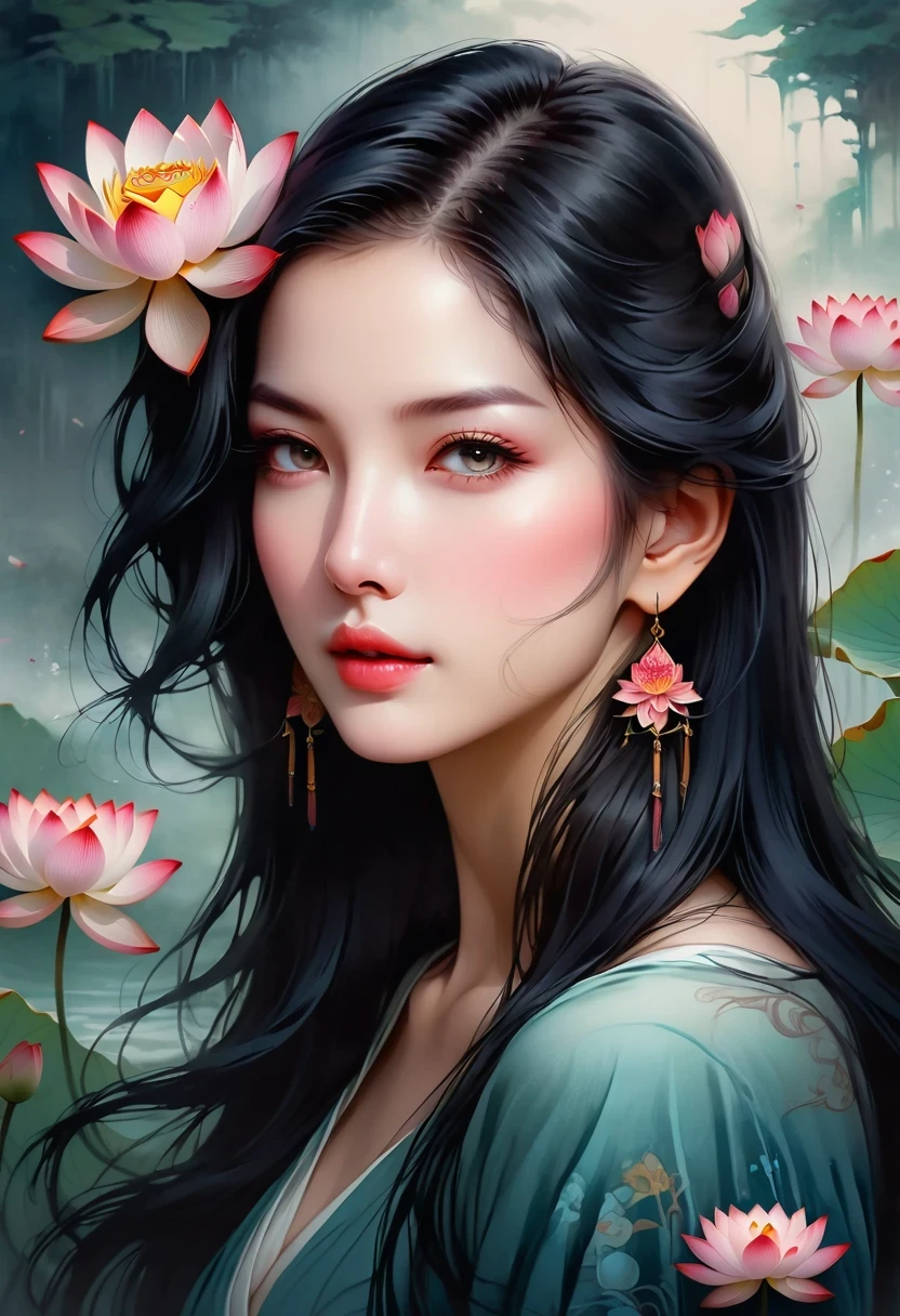 (Close-up of woman with lotus tattoo on neck),This woman has a delicate face,long black hair,(Beautiful Lotus Flower Tattoo On Neck),Vignette of flowing long hair,fair face,Sly, thin and long, beautiful eyes, elegant digital art, Beautiful digital illustration, beautiful figure painting,
