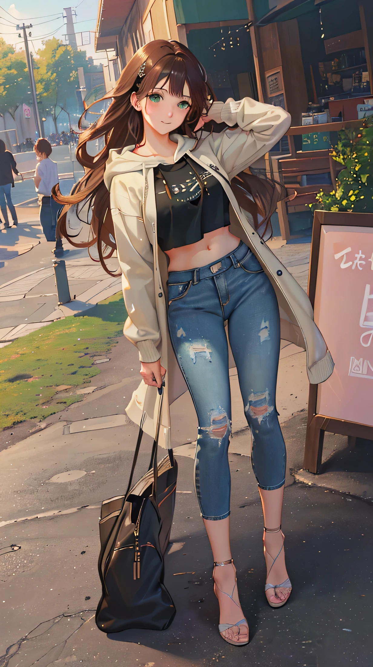 ((masterpiece, highest quality, High resolution, UHD, perfect pixel, Depth of the bounds written, 4k, RTX, HDR))), 1 girl, single, alone, beautiful anime girl, beautiful art style, anime character, ((long hair, bangs, brown hair, curly hair:0.8)), ((green eyes:1.4, round eyes, beautiful eyelashes, realistic eyes)), ((detailed face, blush:1.2)), ((smooth texture:0.75, realistic texture:0.65, realistic:1.1, Anime CG style)), medium breasts, dynamic angle, perfect body, ((portrait, throw)), ((, .hoodie,short denim pants,Belly flash)), smile, amusement park