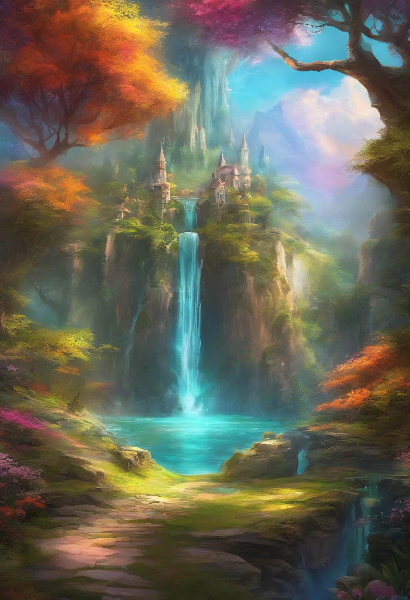 Artwork, top quality, better quality, flying islands, waterfalls cascading down from islands, fantasy worlds, spectacular panoramas, colorful clouds, flashy colors,