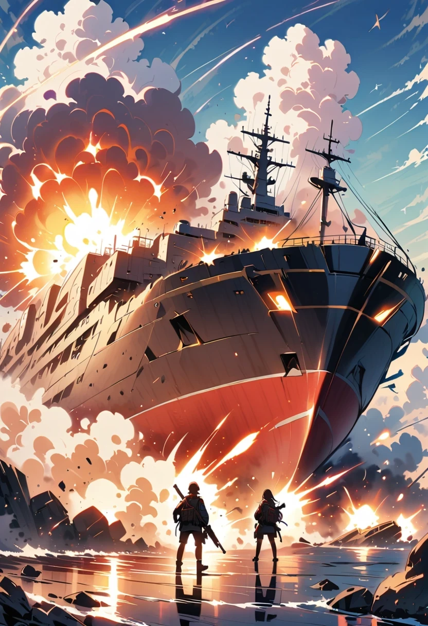 Cinematic battle space scene of humans amid gunfire, explode, Giant ships, Destruction and volumetric lighting. Very detailed.)