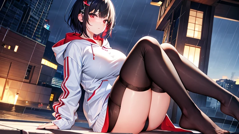 Highest image quality、8K、The moment my lover caused a miracle、Amazing visuals、Professional effects woman、full body、full body photo of woman、big breasts、Big Red Eyes、black hair、short hair、(Two red hairpins)、、1 female、red face、shy、(Wearing headphones)、Wearing a white hoodie、Wearing black stockings、(It's night outside)、(It's raining)、The hair inside is colored、mole under eye、Super detailed、high detail