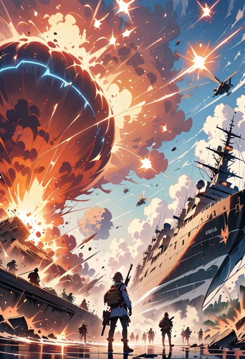 Cinematic battle space scene of humans amid gunfire, explode, Giant ships, Destruction and volumetric lighting. Very detailed.)