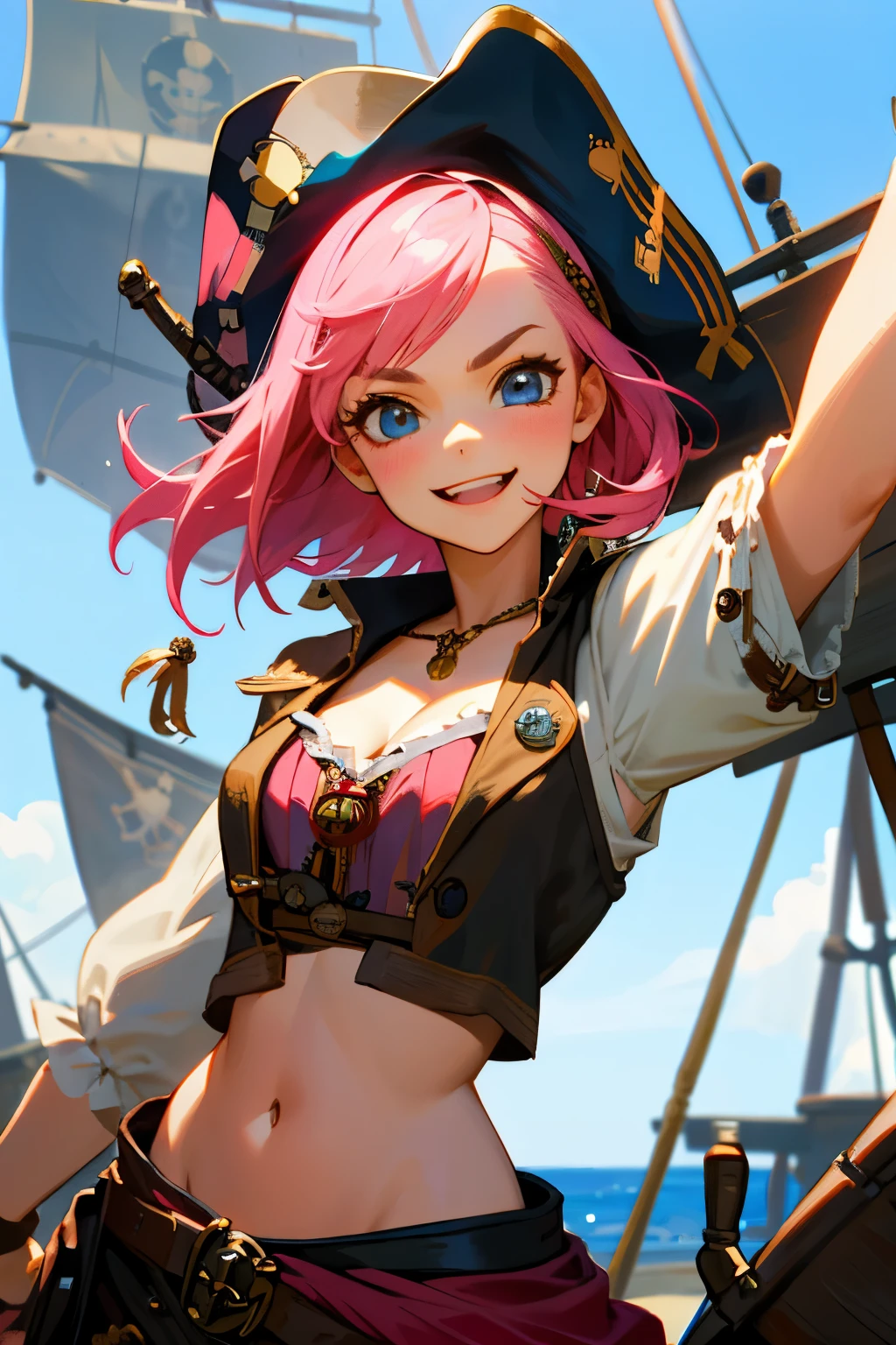 Girl, excited face, naughty face, short pink hair, blue eyes, medium breasts, pirate ship, (Captain Jack Sparrow costume)