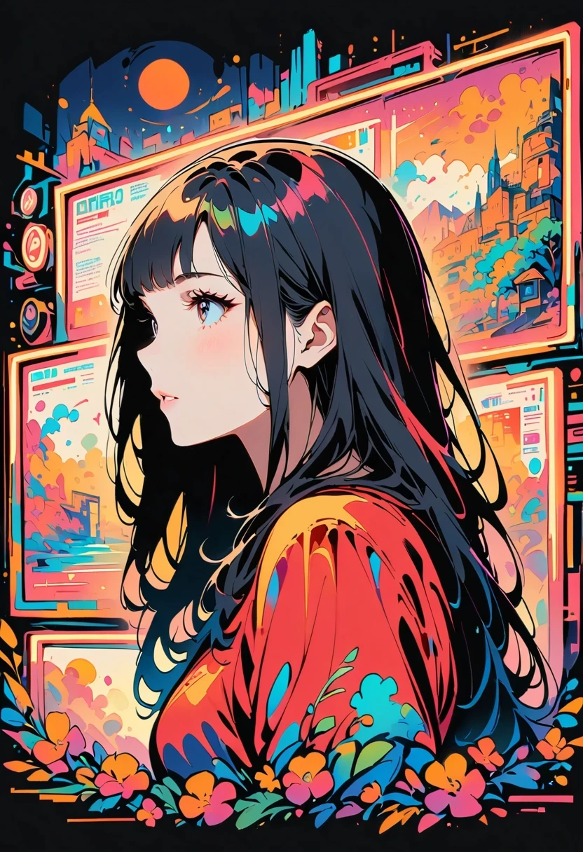 Edward Bowden Style, Ink Art, side view,(better quality, outline:1.2),realist,illustration,long hair girl, delicate lips, Red dress, (Newspaper wall background:1.3),neon hair, Retro Style, (black bob hair:1.75 neon lights:1.32), , dark shadow