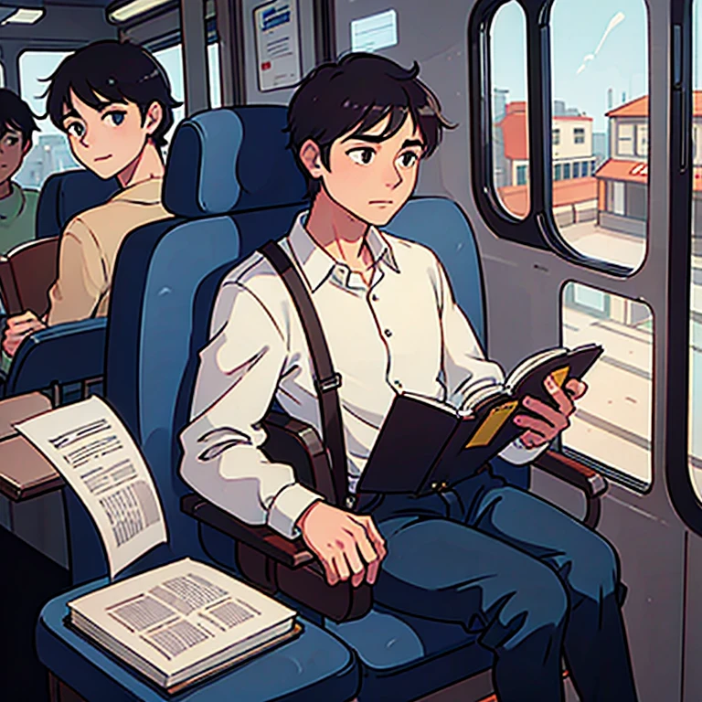 Men reading a book in the bus