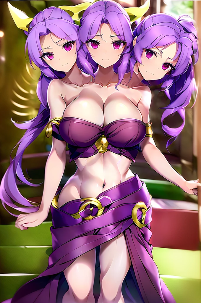 (masterpiece, best quality), best quality, (ultra-detailed), (3heads:1.5), 1girl, (watatsuki no yorihime:1.3), masterpiece, best quality, ultra quality, ultra resolution, ultra detail, dark red top, small crop top, ((stomach)), midriff, ((groin)), open midriff, dark red skirt, miniskirt, normal ears, shackles, light purple hair, tied into a ponytail, very long hair, wavy hair, sidelocks, purple eyes, parted lips, sweat, cute, open belly, toned belly, hand on own chest, eyelashes, (24 year old woman:1.3), (masterpiece:1.5), (best quality:1.5), (beautiful detailed), extremely detailed CG, extremely delicate and beautiful, depth of field, (finely detailed face), (perfect details:1.2), (mature female:1.3), wide pelvis, slender, large veiny breast, 16k resolution, highres, very high quality, very high definition, extremely detailed, masterpiece, light purple hair, long hair, alluring presence, braid, short skirt, close up, big tits, young, white bonnet, red bow, open belly, midriff, nsfw,