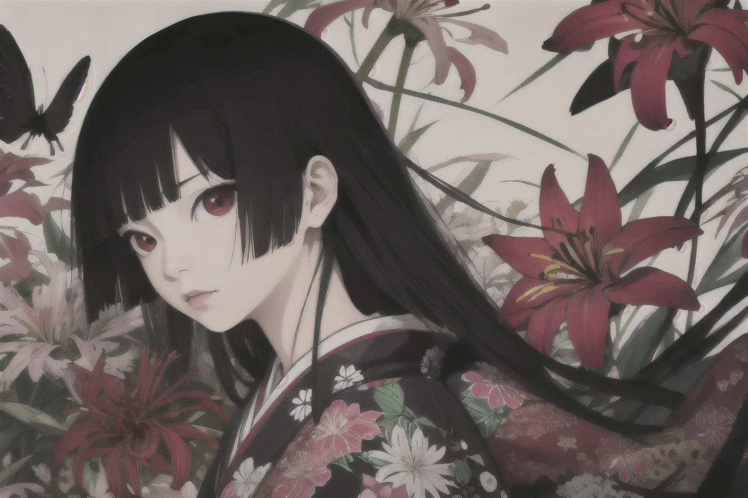 Enma Ai, let my hair down, black hair, bangs, red eyes, masterpiece, highest quality, Super detailed, figure, 1 girl, alone, High resolution, realistic, 超High resolution, (Original figure composition), (Fusion of limited colors,maximalism art style, Kimono fashion, double exposure, background, figure, wonderful, Lily Spider, Surrounded by many spider lilies