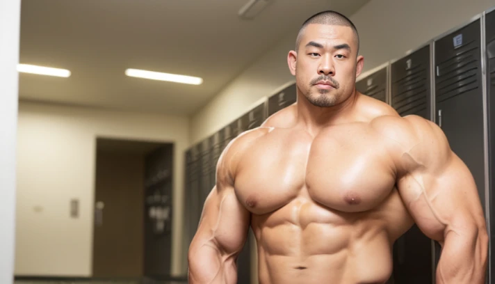 (glairing naked bodybuilder:1.4), (at locker room:1.4), 40's, (Japanese face:1.4), (Korean face:1.4), (Chinese face:1.4), (Taiwanese face:1.4), manly face, fat face, (round face:1.4), (monolid eyes:1.2), (buzz cut:1.5), very large and strong body, bulky body, beefy muscles, (bulging muscles:1.4), (very large pectoral muscles:1.4), (muscular arms:1.4), muscular abs, muscular legs, muscular back, bright oily skin, (realistic:1.2), distant view