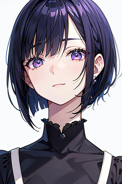Anime-style portrait of a girl with a dark violet bob cut making eye contact with the camera, bright eyes, baby-faced, subtle smile, minimalistic background to emphasize character, high contrast, clean lines, digital painting, vivid colors, The girl wears her hair in a bob cut, cut at the jawline. Her hair is dark purple and her fringes are parted just in the middle of her forehead, barely peeking over her eyebrows. Other short hair frames the face on either side of the fringe, reaching just above the eyes, and the hair on the sides is clipped above the ears. The hair on top has slight volume and forms an overall rounded silhouette. The texture of the hair is smooth, shiny and lively. The ends of the hair are lightly styled inwards. 
