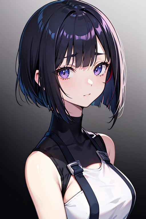 Anime-style portrait of a girl with a dark violet bob cut making eye contact with the camera, bright eyes, -facebtle smile, minimalistic background to emphasize character, high contrast, clean lines, digital painting, vivid colors, The girl wears her hair in a bob cut, cut at the jawline. Her hair is dark purple and her fringes are parted just in the middle of her forehead, barely peeking over her eyebrows. Other short hair frames the face on either side of the fringe, reaching just above the eyes, and the hair on the sides is clipped above the ears. The hair on top has slight volume and forms an overall rounded silhouette. The texture of the hair is smooth, shiny and lively. The ends of the hair are lightly styled inwards.