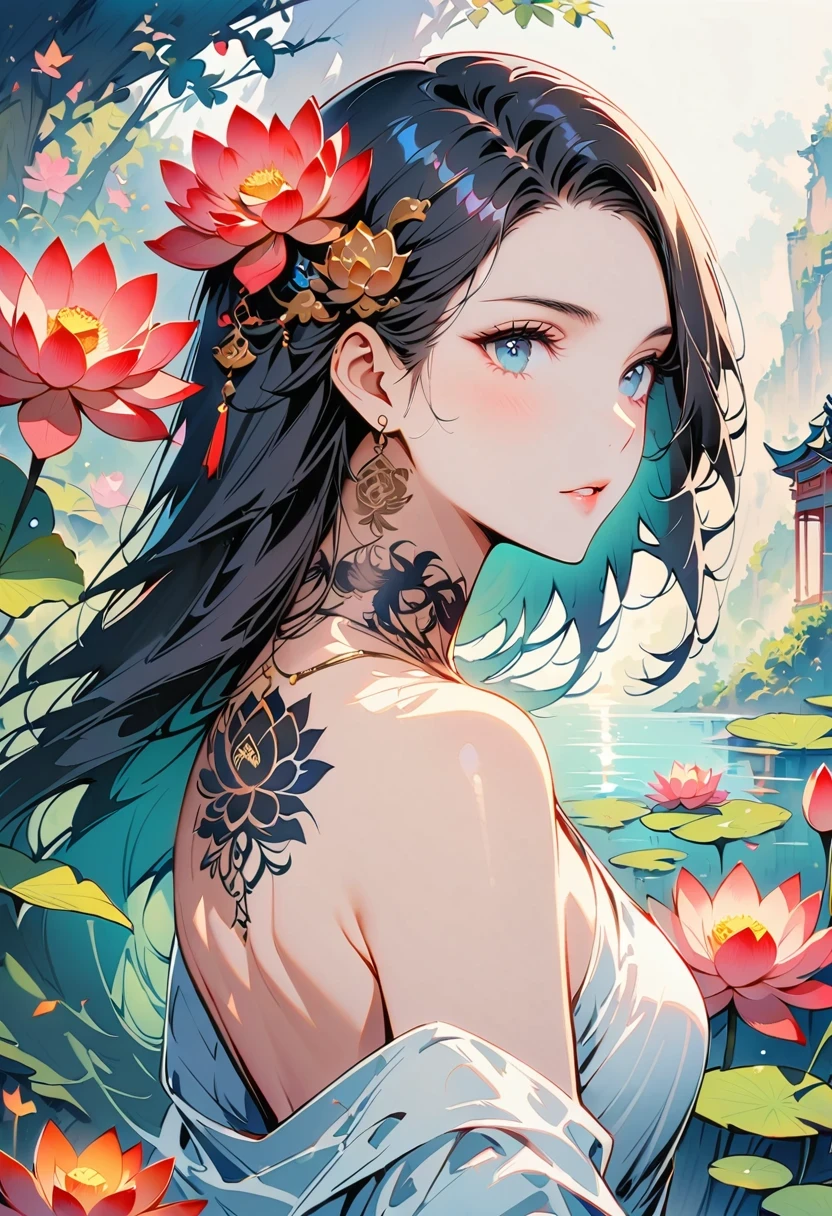 （Close-up of woman with lotus tattoo on neck）,This woman has a delicate face，long black hair，（Beautiful Lotus Flower Tattoo On Neck），Vignette of flowing long hair，fair face，Sly, thin and long, beautiful eyes， elegant digital art, Beautiful digital illustration, beautiful figure painting, 