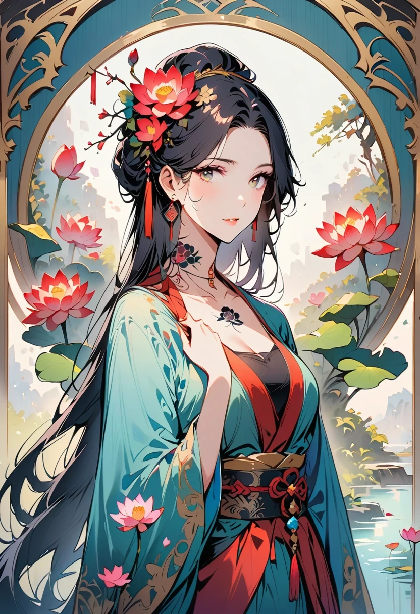 (Close-up of woman with lotus tattoo on neck),This woman has a delicate face,long black hair,(Beautiful Lotus Flower Tattoo On Neck),Vignette of flowing long hair,fair face,Sly, thin and long, beautiful eyes, elegant digital art, Beautiful digital illustration, beautiful figure painting,