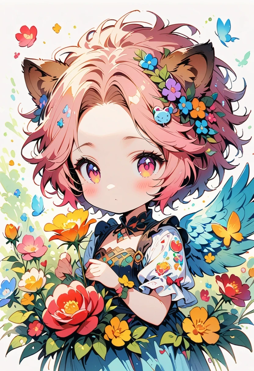 ((White background)), ((clip art )), ((sticker)), (((lion ears)), Watercolor beautiful wild rose fantasy art, perfect eyes，beautiful face and flowers, angel wings, chibi Lovely animation style, bright colors, intricate details, Ultra-detailed, super quality, 32k, Unreal Engine, isolated on White background, Lovely, flashing