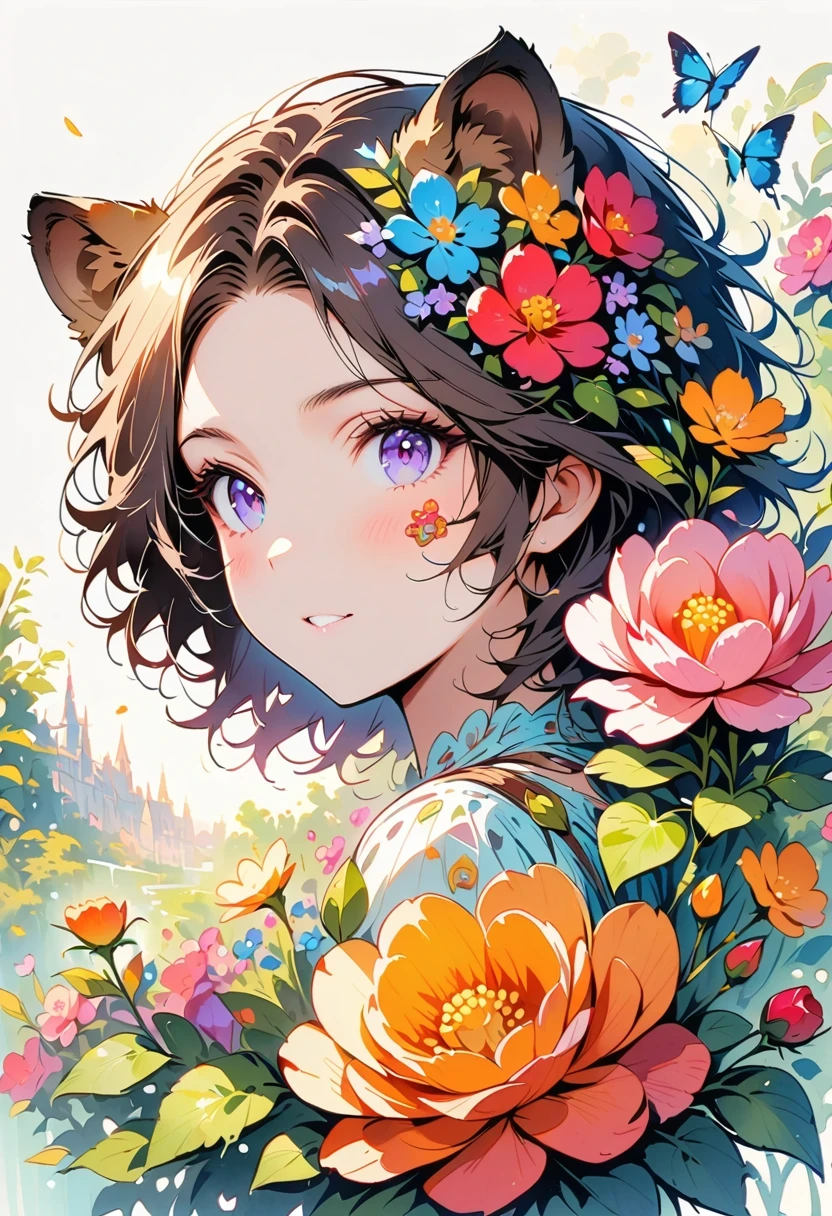((White background)), ((clip art )), ((sticker)), (((lion ears)), Watercolor beautiful wild rose fantasy art, perfect eyes,beautiful face and flowers, angel wings, chibi Lovely animation style, bright colors, intricate details, Ultra-detailed, super quality, 32k, Unreal Engine, isolated on White background, Lovely, flashing