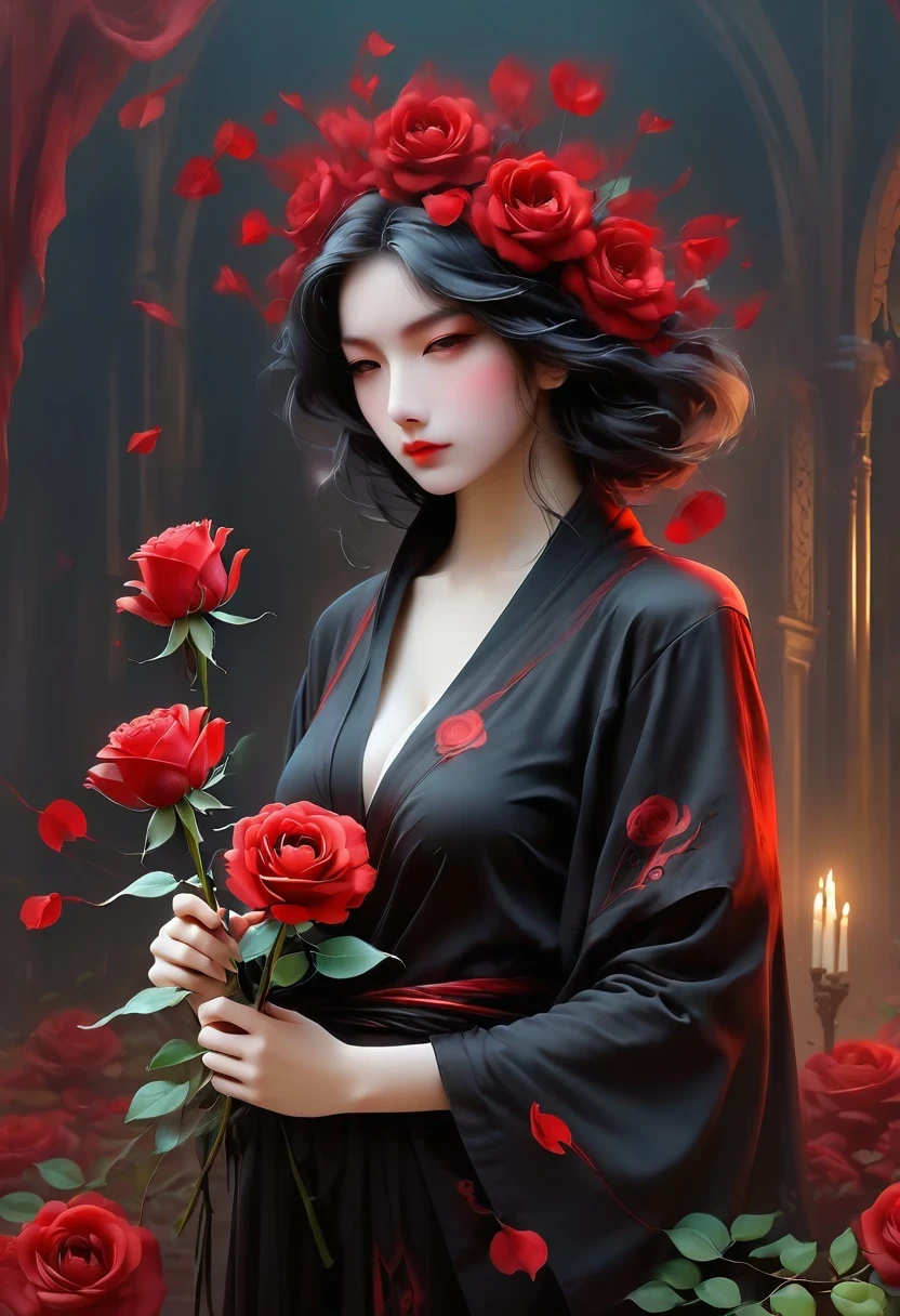black robe、girl holding red rose, A beautiful female death, Reaper in Overwatch, A harbinger of death,