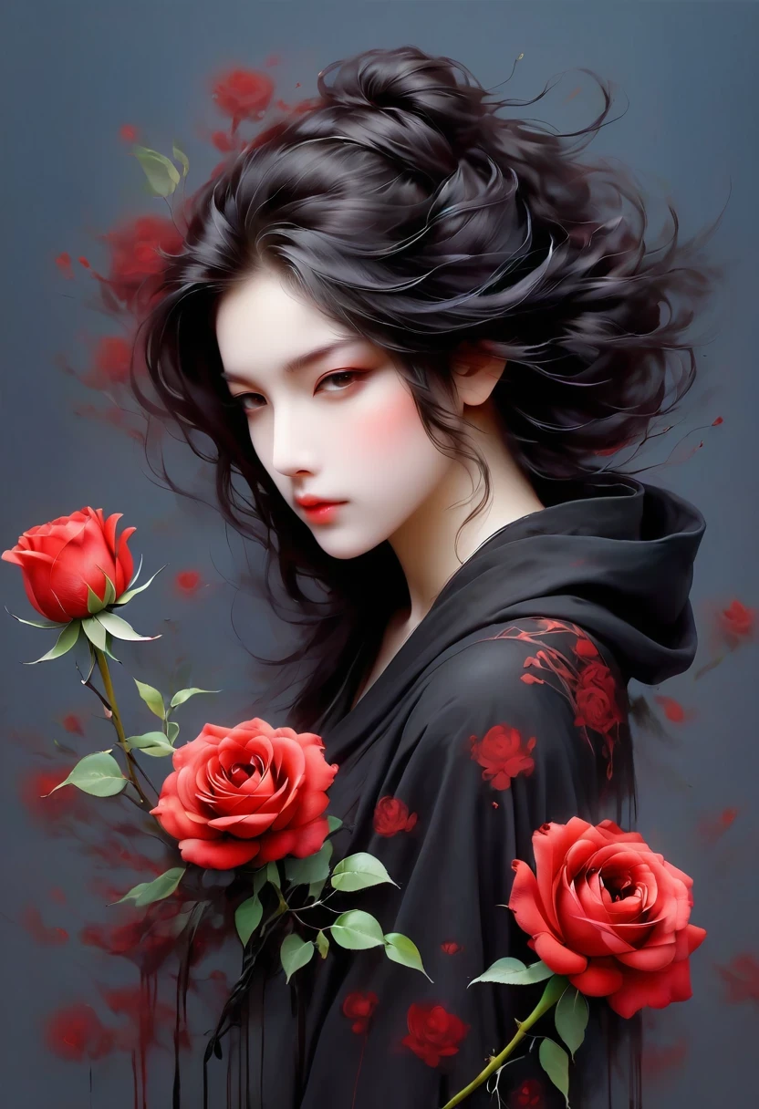 black robe、girl holding red rose, A beautiful female death, Reaper in Overwatch, A harbinger of death,