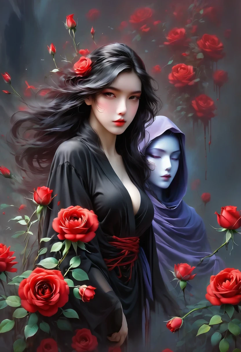 black robe、girl holding red rose, A beautiful female death, Reaper in Overwatch, A harbinger of death,