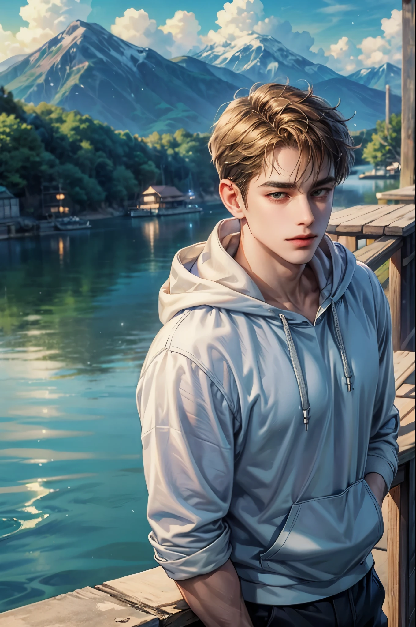 A peacefully flowing river, glistening in the warm sunlight as it meanders through a tranquil forest. The water, crystal clear and shimmering with a golden hue, reflects the surrounding lush greenery ((best quality)), ((masterpiece)), (detailed), 1boy, off-shoulder sweater