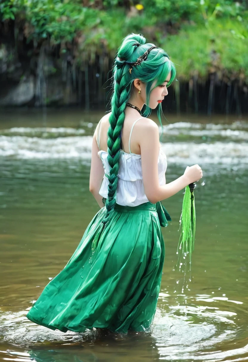 1 girl, alone, hair accessories, Green hair, Double tail, long hair, skirt, water