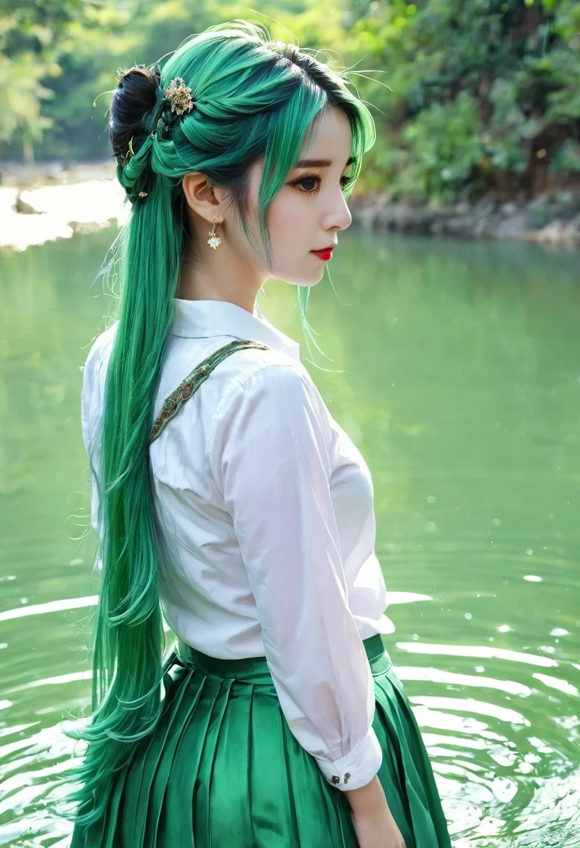 1 girl, alone, hair accessories, Green hair, Double tail, long hair, skirt, water