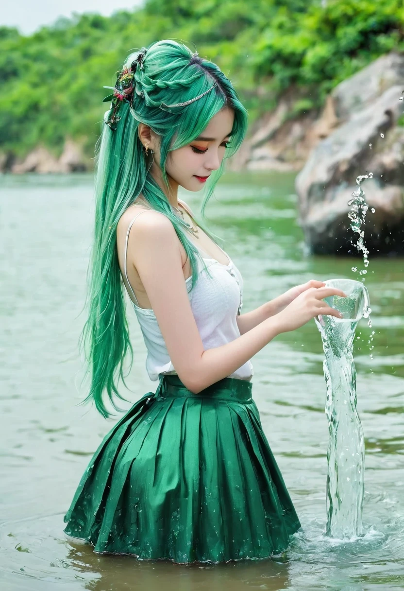 1 girl, alone, hair accessories, Green hair, Double tail, long hair, skirt, water