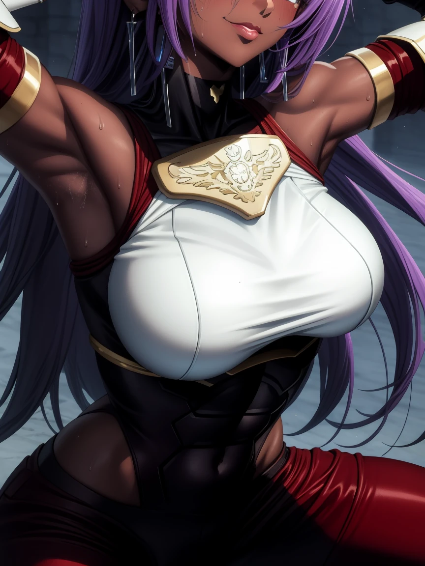 masterpiece, nsfw, perfect lighting, ultra_detailed,  ((1girl)), ((dark skin)), smug, squatting, muscular female, abs, muscle, smug, ArthurPgon, 1girl, purple hair, long hair, bangs, hair between eyes, blue eyes, jewelry, earrings, lips, medium breasts, (armor), bare shoulders, red gloves, fingerless gloves, hip vent, clothing cutout, (pants), arms raised, armpits, armpit crease, armpit focus, (((close up on armpit))), spread armpit, armpit fetish, sweaty armpit, looking at viewer, detailed face, 