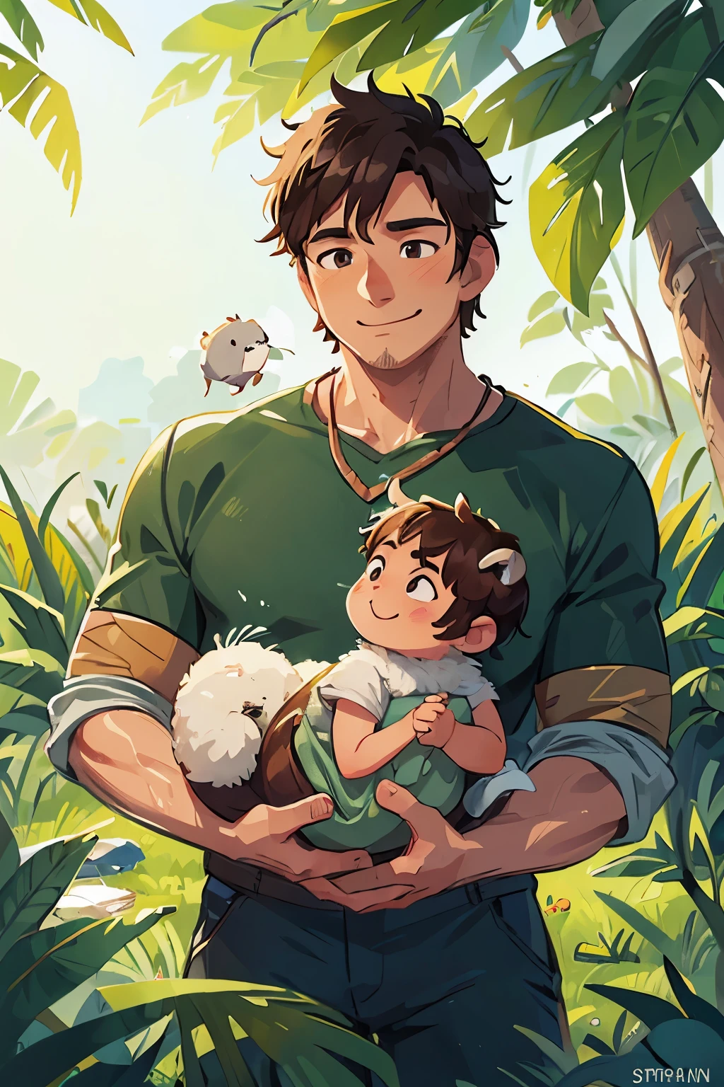 Man with a radiant smile interacts gently with an adorable buffalo in a lush rice field. Intricate details bring the man's features to life, and his warm, sun-kissed skin contrasts with the vibrant green hues of the rice plants. The buffalo, with its pleasantly surprised expression, boasts shiny, brown fur and soft, expressive eyes. The scene exudes a sense of peace and harmony as the man's hand rests lovingly on the buffalo's hump. Realistic CGI renders this heartwarming moment in a vivid, lifelike manner.