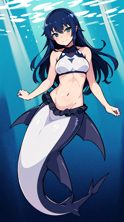 high quality, masterpiece, full body, anime style, underwater, 1girl, mershark, mermaid girl,  mature, sexy, lustful, lustful look, swimming suit, mature, slim and sexy body, dark blue hair