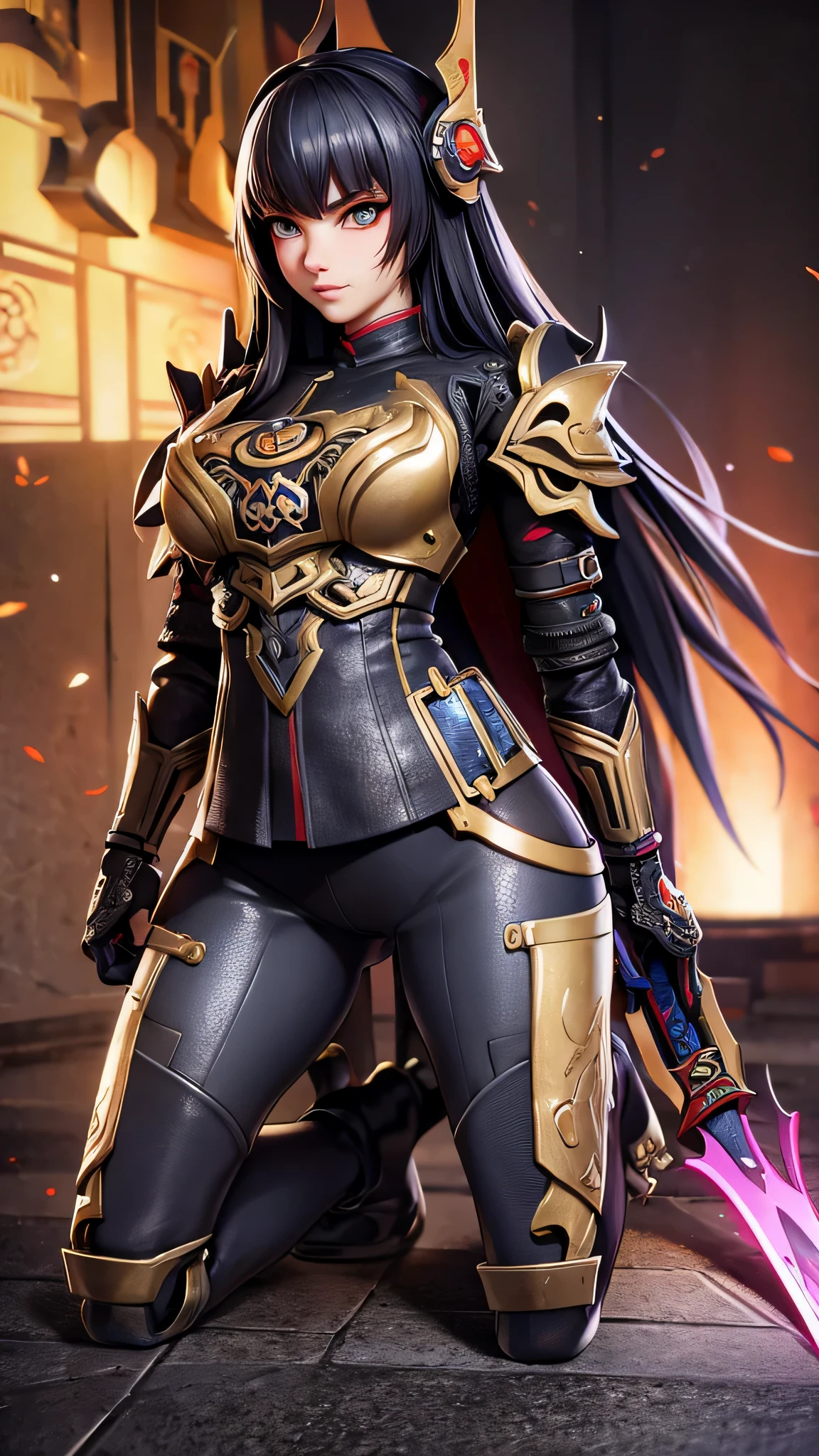 Hyperrealistic version of a woman kneeling down with a sword in her hand, very beautiful cyberpunk samurai, anime cyberpunk art, cyberpunk samurai, cyberpunk anime art, anime cyberpunk, cgsociety 9, digital cyberpunk anime art, style of maciej kuciara.1girl, samurai armor, helmet oni evil mask,intricate, ornaments detailed, cold colors, metal, egypician detail, highly intricate details, realistic light, trending on cgsociety, glowing eyes, facing camera, neon details, ultra realistic details, portrait full body, japanese atmosphere, global illumination, shadows, octane render, 8k, ultra sharp.cool lolita. 