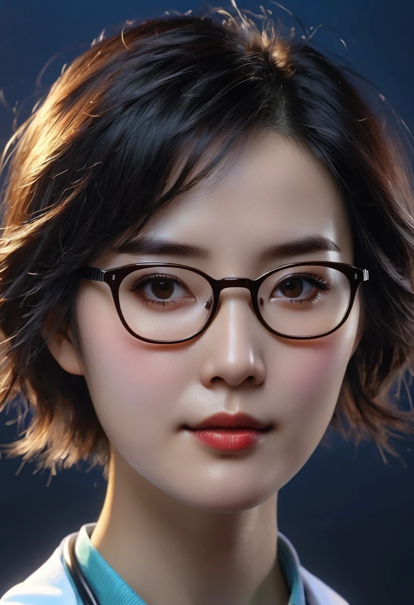Surrealist portraits of women by David Hockney and Alphonse Mucha, lifelike, dynamic lighting, art station, poster, Volumetric lighting, The facial details are very rich, 4K, Award-winning, 1 lady, dark, Deep shadows, low profile, portrait, (((((doctor: 1.4)))), short hair, black hair, Glasses