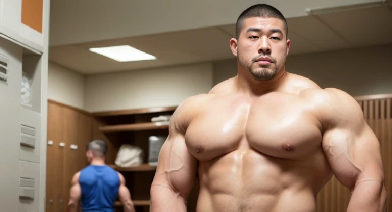 (glairing naked bodybuilder:1.4), (at locker room:1.4), 40's, (Japanese face:1.4), (Korean face:1.4), (Chinese face:1.4), (Taiwanese face:1.4), manly face, fat face, (round face:1.4), (monolid eyes:1.2), (buzz cut:1.5), very large and strong body, bulky body, beefy muscles, (bulging muscles:1.4), (very large pectoral muscles:1.4), (muscular arms:1.4), muscular abs, muscular legs, muscular back, bright oily skin, (realistic:1.2), distant view