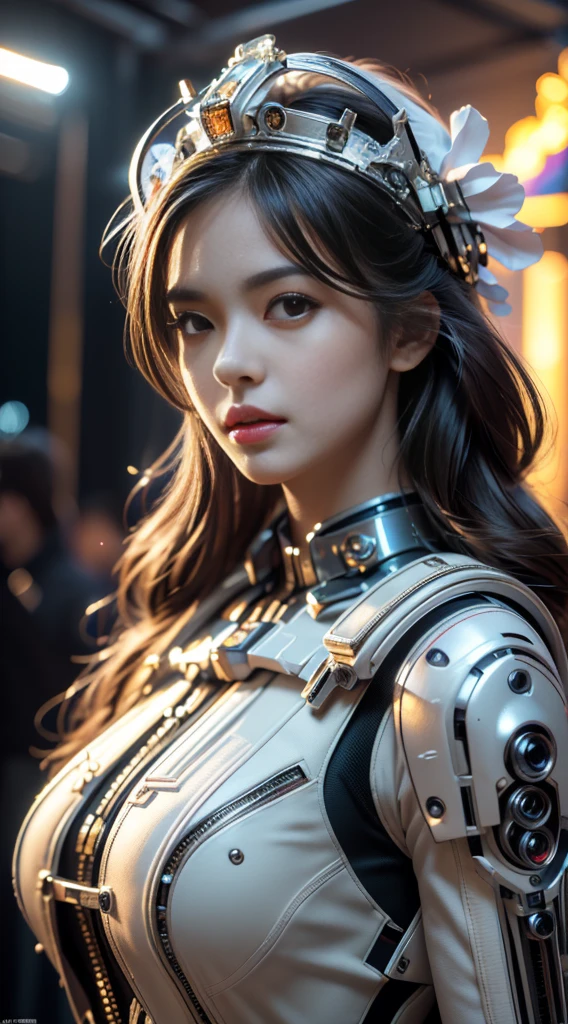 A cute beauty in a mech(Best quality, Detailed details, Masterpiece, , 4K, Chiaroscuro，Bust photos are super realistic and realistic, Highly detailed Canon videography )