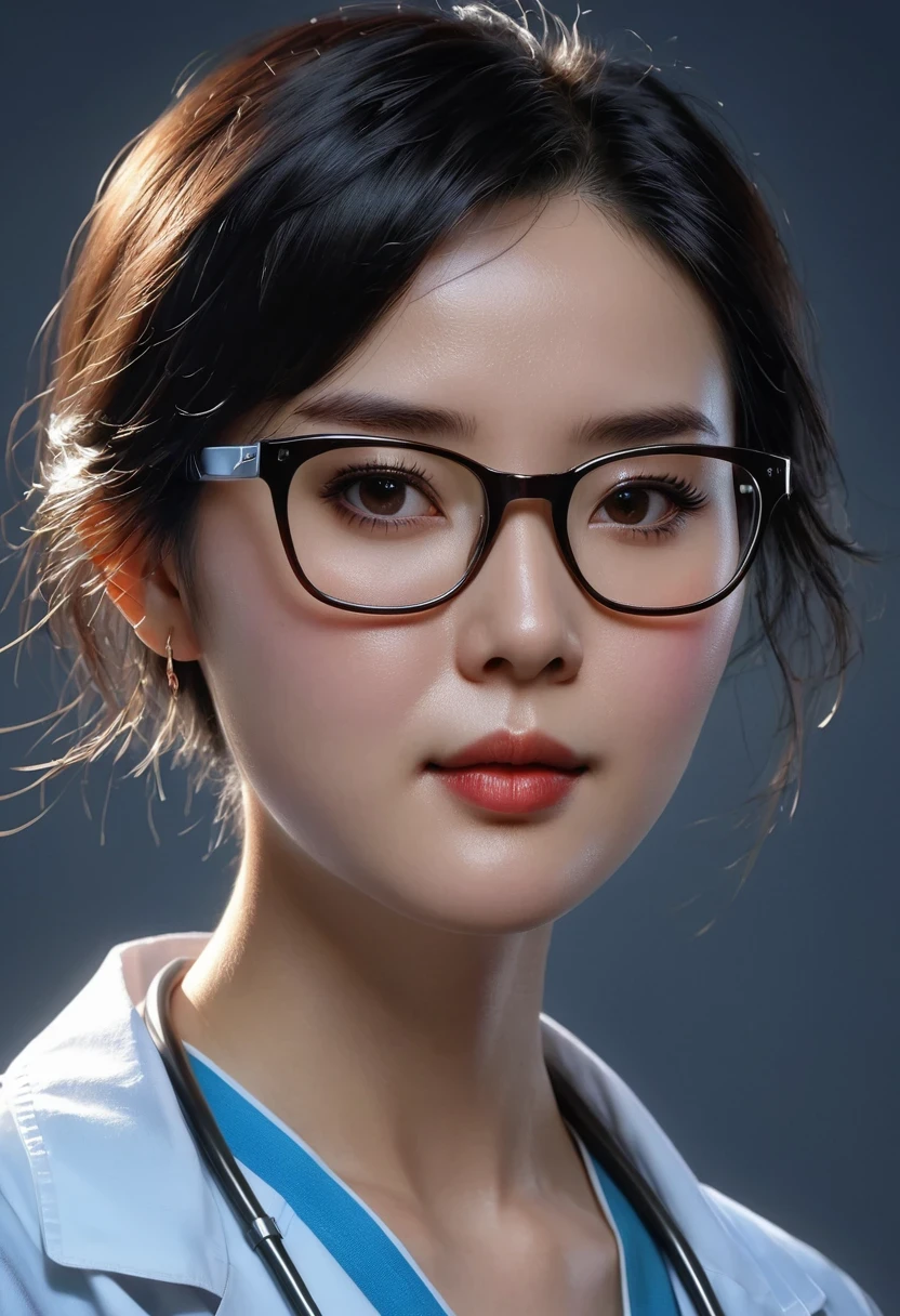 Surrealist portraits of women by David Hockney and Alphonse Mucha, lifelike, dynamic lighting, art station, poster, Volumetric lighting, The facial details are very rich, 4K, Award-winning, 1 lady, dark, Deep shadows, low profile, portrait, (((((doctor: 1.4)))), short hair, black hair, Glasses