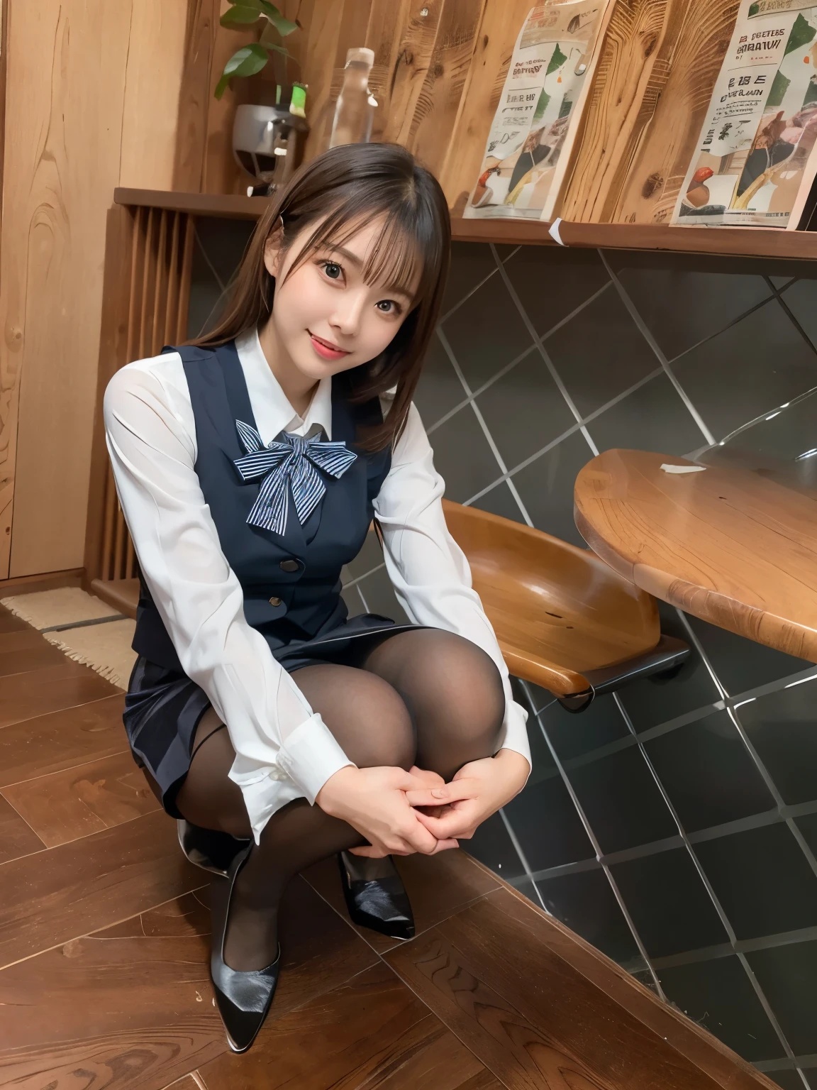 There is a woman squatting in the room., (super realistic pantyhose:1.3), Beast, japanese , seifuku, Chiho, sakimichan, cute , Yoshitomo Nara, various poses, japanese girl uniform, wearing Japanese , reluvy5213, wearing a principal's uniform