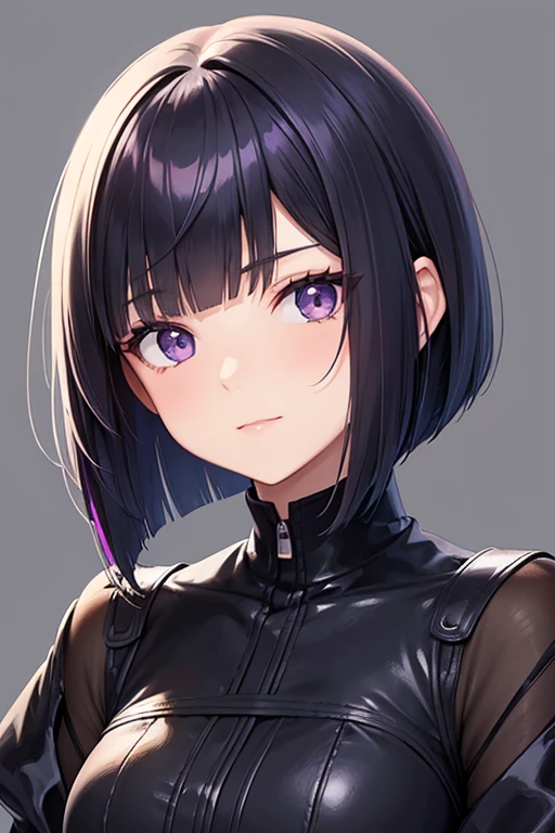 Anime-style portrait of a girl with a dark violet bob cut making eye contact with the camera, bright eyes, baby-faced, subtle smile, minimalistic background to emphasize character, high contrast, clean lines, digital painting, vivid colors, The girl wears her hair in a bob cut, cut at the jawline. Her hair is dark purple and her fringes are parted just in the middle of her forehead, barely peeking over her eyebrows. Other short hair frames the face on either side of the fringe, reaching just above the eyes, and the hair on the sides is clipped above the ears. The hair on top has slight volume and forms an overall rounded silhouette. The texture of the hair is smooth, shiny and lively. The ends of the hair are lightly styled inwards.