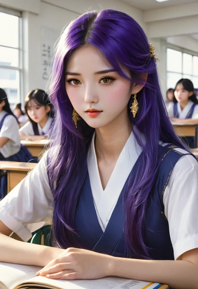 1 girl, Long midnight purple hair, golden eyes, sitting in class, White school modern, Japanese cartoons