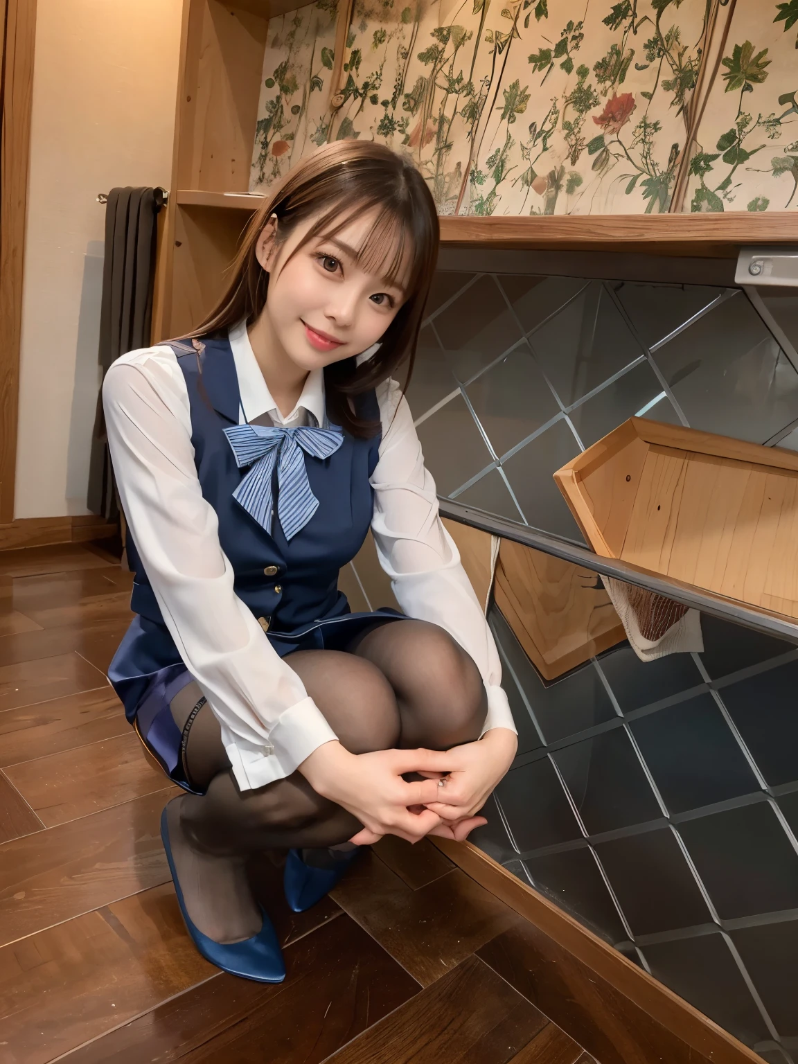 There is a woman squatting in the room., (super realistic pantyhose:1.3), Beast, japanese , seifuku, Chiho, sakimichan, cute , Yoshitomo Nara, various poses, japanese girl uniform, wearing Japanese , reluvy5213, wearing a principal's uniform