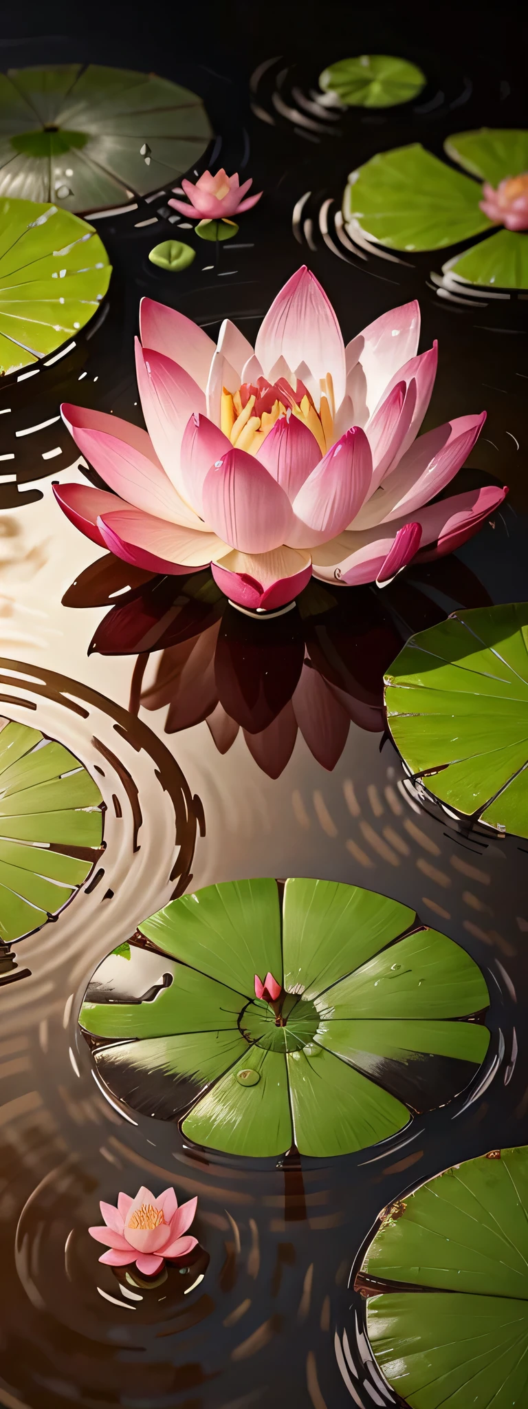 a pink lotus flower in water with a drop of water, in the style of eastern zhou dynasty, photo-realistic landscapes, creative commons attribution, red and green, walter launt palmer, water drops, massurrealism
