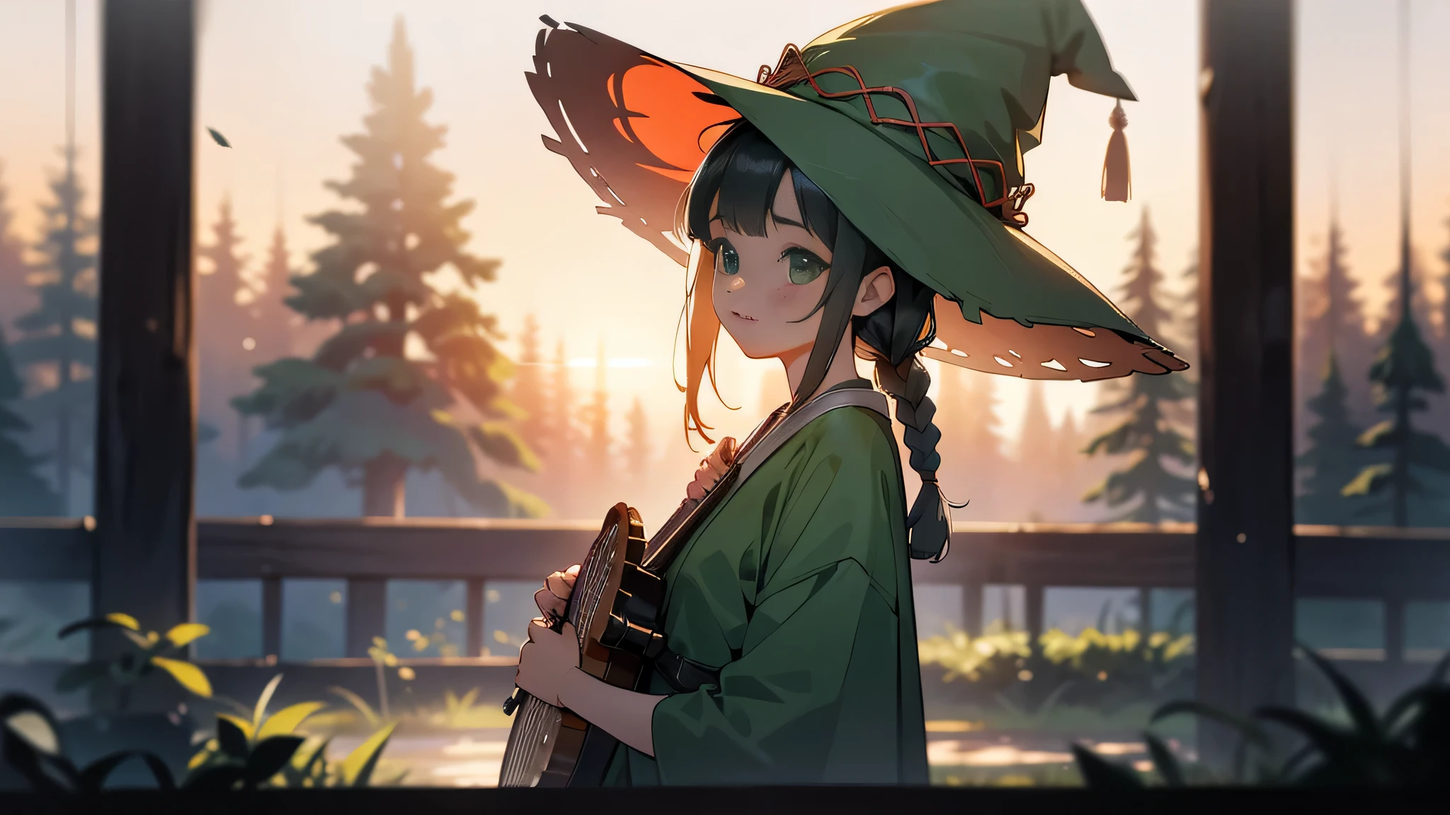 (Cute  with braids wearing a green witch hat), (Cute girl about ), Playing the banjo,In the forest, Simple green witch hat,(masterpiece), (very complicated:1.3), (realistic), portrait of , the most beautiful in the world, (Green witch robe) , Upper body, forest, intense sunlight, Detailed professional photo of a beautiful girl, sharp focus, dramatic, Award history, cinematic lighting, ,  volumetrics dtx, (film grain, blurred background, blurred foreground, Bokeh, Depth of the bounds written, sunset, motion blur:1.3),realism,oversized shirt,black eye