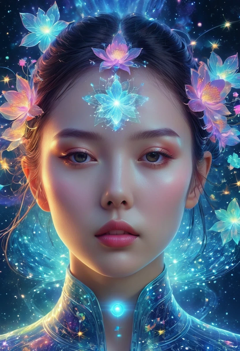 （multiple exposure：1.8），Dubrec style，Girl virtual holographic digital avatar，Futuristic magnificent starry sky image foreground，psychedelic starry sky，in space，Intricate illustration in surreal art style，surreal dream，Become an invisible virtual hologram，Transparent person avatar，Virtual holographic digital image，surreal art, 4K Surrealism, surreal portrait, Beautiful surreal portrait, hyperrealistic digital art, Surreal and fantasy art, hyperrealistic digital art, surreal portrait, surreal art, Emotional surreal art, Fantasy Surrealism, 8k hyperrealism, Surreal conceptual art