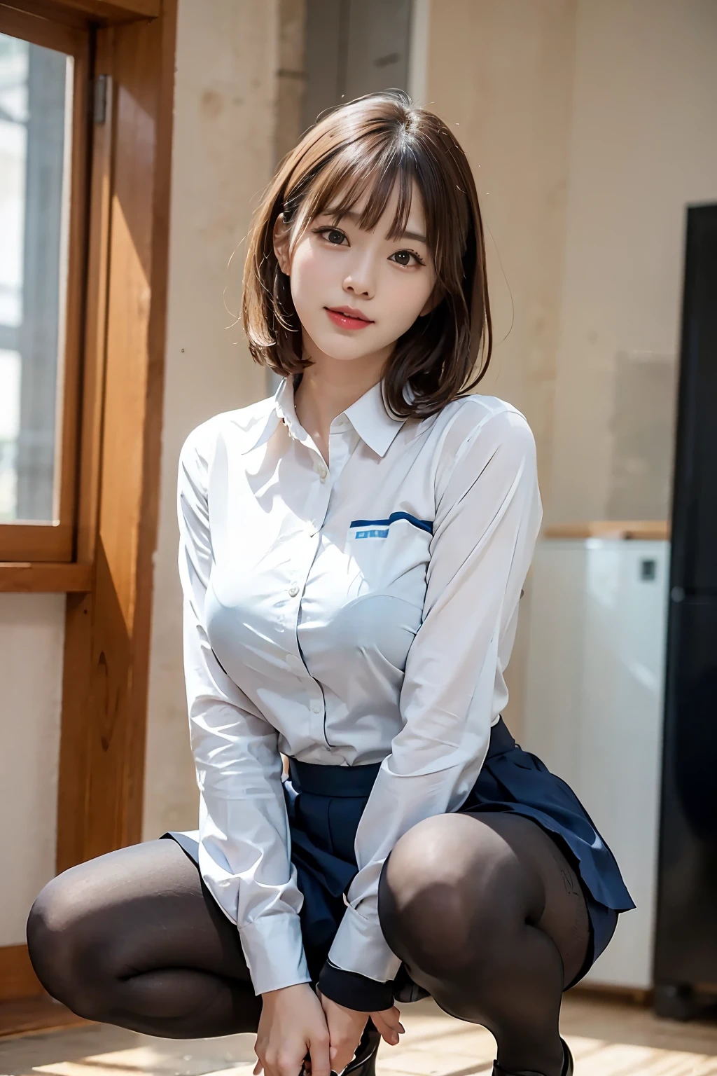 ulzzang-6500-v1.1, (Raw photo:1.2), (Photoreal),(genuine: 1.4), (muste piece), highest quality, shape, Super detailed, finely, High resolution, 8k wallpaper, 完璧なダイナミックな構shape, beautiful and detailed eyes, There is a woman squatting in the room., (super realistic pantyhose:1.3), Beast, japanese , seifuku, Chiho, sakimichan, cute , Yoshitomo Nara, various poses, japanese girl uniform, wearing Japanese , reluvy5213, wearing a principal&#39;s uniform