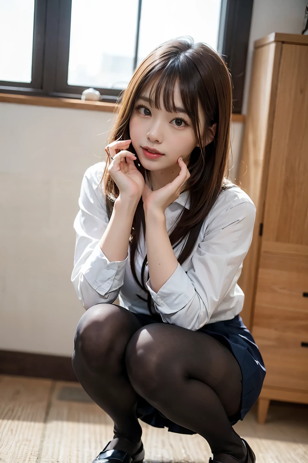 ulzzang-6500-v1.1, (Raw photo:1.2), (Photoreal),(genuine: 1.4), (muste piece), highest quality, shape, Super detailed, finely, High resolution, 8k wallpaper, 完璧なダイナミックな構shape, beautiful and detailed eyes, There is a woman squatting in the room., (super realistic pantyhose:1.3), Beast, japanese , seifuku, Chiho, sakimichan, cute , Yoshitomo Nara, various poses, japanese girl uniform, wearing Japanese , reluvy5213, wearing a principal's uniform