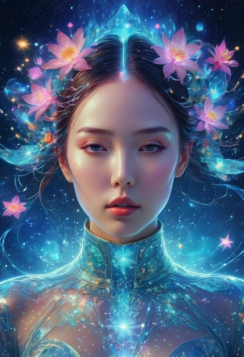 （multiple exposure：1.8），Dubrec style，Girl virtual holographic digital avatar，Futuristic magnificent starry sky image foreground，psychedelic starry sky，in space，Intricate illustration in surreal art style，surreal dream，Become an invisible virtual hologram，Transparent person avatar，Virtual holographic digital image，surreal art, 4K Surrealism, surreal portrait, Beautiful surreal portrait, hyperrealistic digital art, Surreal and fantasy art, hyperrealistic digital art, surreal portrait, surreal art, Emotional surreal art, Fantasy Surrealism, 8k hyperrealism, Surreal conceptual art