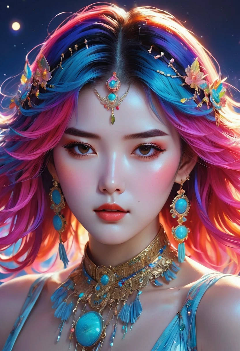 Close-up of a woman with rich and colorful hair and necklace, Cosmic hair anime girl, The soft vibrancy of Rossdraws, Gouves style artwork, fantasy art style, rich and colorful], Vibrant fantasy style, Rossdraws cartoons are vibrant, cosmic and rich and colorful, guweiz, rich and colorful digital fantasy art, Stunning art style, Beautiful anime style, full body lighting, skin brightening, sexy expression