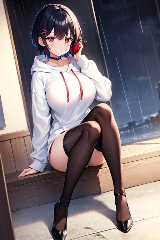 Highest image quality、8K、The moment my lover caused a miracle、Amazing visuals、Professional effects woman、full body、full body photo of woman、big breasts、Big Red Eyes、black hair、short hair、(Two red hairpins)、、1 female、red face、shy、(Wearing headphones)、Wearing a white hoodie、Wearing black tights、(It's night outside)、(It's raining)、The hair inside is colored、mole under eye、Super detailed、high detail