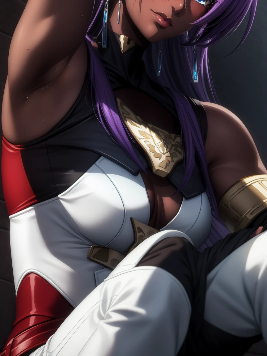 masterpiece, nsfw, perfect lighting, ultra_detailed,  ((1girl)), ((dark skin)), smug, squatting, muscular female, abs, muscle, ((full face)), detailed face, ArthurPgon, 1girl, purple hair, long hair, bangs, hair between eyes, blue eyes, jewelry, earrings, lips, medium breasts, (armor), bare shoulders, red gloves, fingerless gloves, hip vent, clothing cutout, (pants), arms raised, armpits, armpit crease, armpit focus, (((close up on armpit))), spread armpit, armpit fetish, sweaty armpit, looking at viewer, detailed face, 