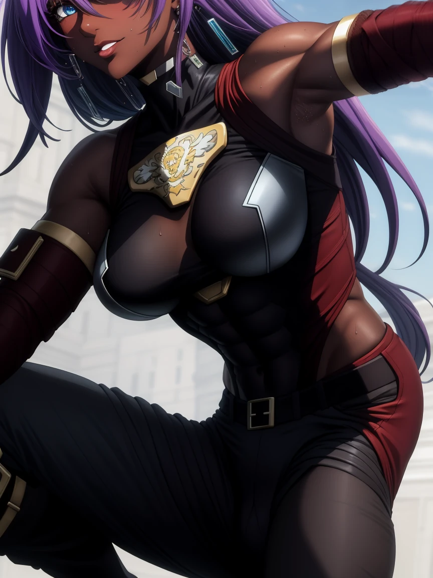 masterpiece, nsfw, perfect lighting, ultra_detailed,  ((1girl)), ((dark skin)), smug, squatting, muscular female, abs, muscle, ((full face)), detailed face, ArthurPgon, 1girl, purple hair, long hair, bangs, hair between eyes, blue eyes, jewelry, earrings, lips, medium breasts, (armor), bare shoulders, red gloves, fingerless gloves, hip vent, clothing cutout, (pants), arms raised, armpits, armpit crease, armpit focus, (((close up on armpit))), spread armpit, armpit fetish, sweaty armpit, looking at viewer, detailed face, 