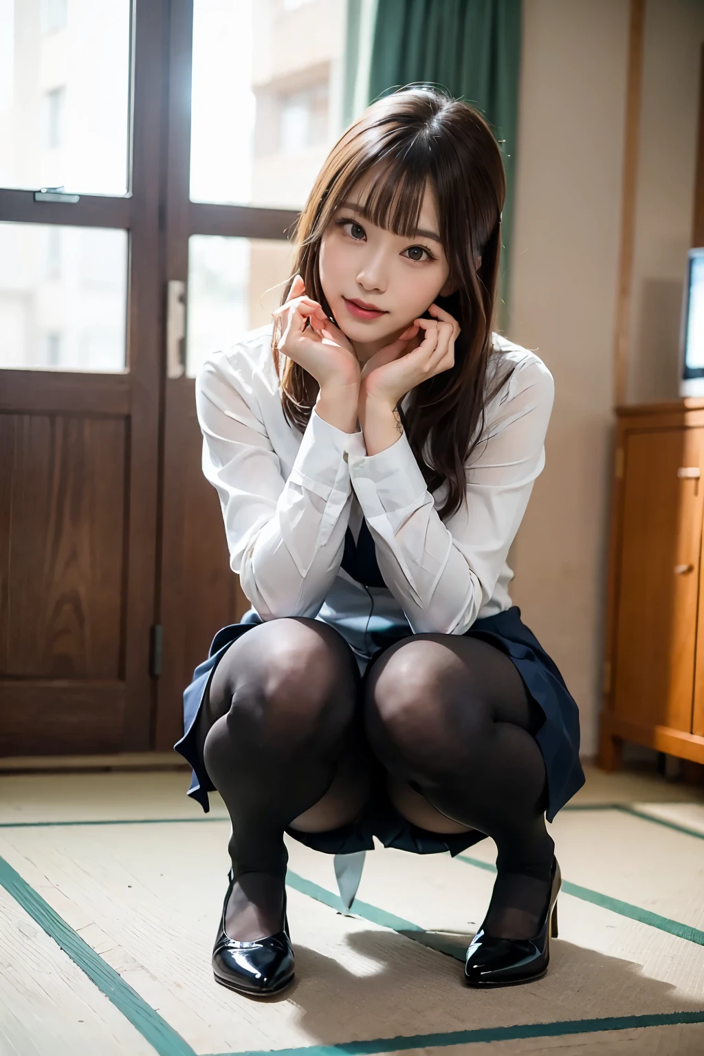 ulzzang-6500-v1.1, (Raw photo:1.2), (Photoreal),(genuine: 1.4), (muste piece), highest quality, shape, Super detailed, finely, High resolution, 8k wallpaper, 完璧なダイナミックな構shape, beautiful and detailed eyes, There is a woman squatting in the room., (super realistic pantyhose:1.3), Beast, japanese , seifuku, Chiho, sakimichan, cute , Yoshitomo Nara, various poses, japanese girl uniform, wearing Japanese , reluvy5213, wearing a principal&#39;s uniform