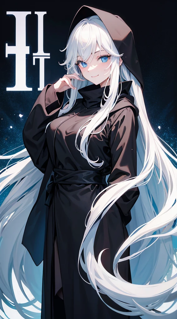 Cover magazine, anime. A young woman with long white hair and blue eyes. Wearing all black clothes. Wearing a long black robe and a hood covering her head. A mysterious impression. She was smiling brightly.